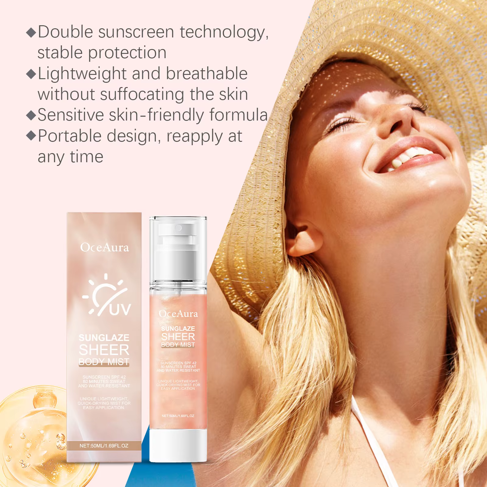 Spray solaire rafraîchissant SPF 50+ PA+++ Protection UV longue durée et hydratant illuminateur pour les soins quotidiens de la peau en extérieur en été