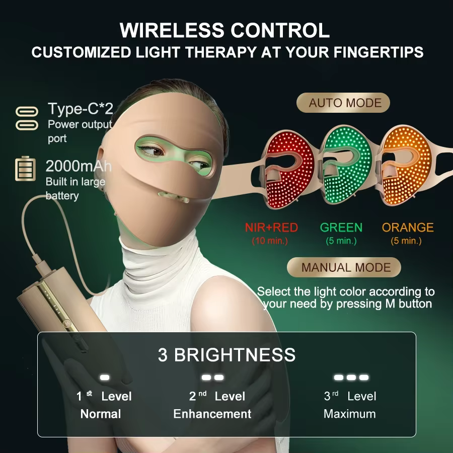 Masque Facial LED NIR, thérapie à la lumière rouge et verte