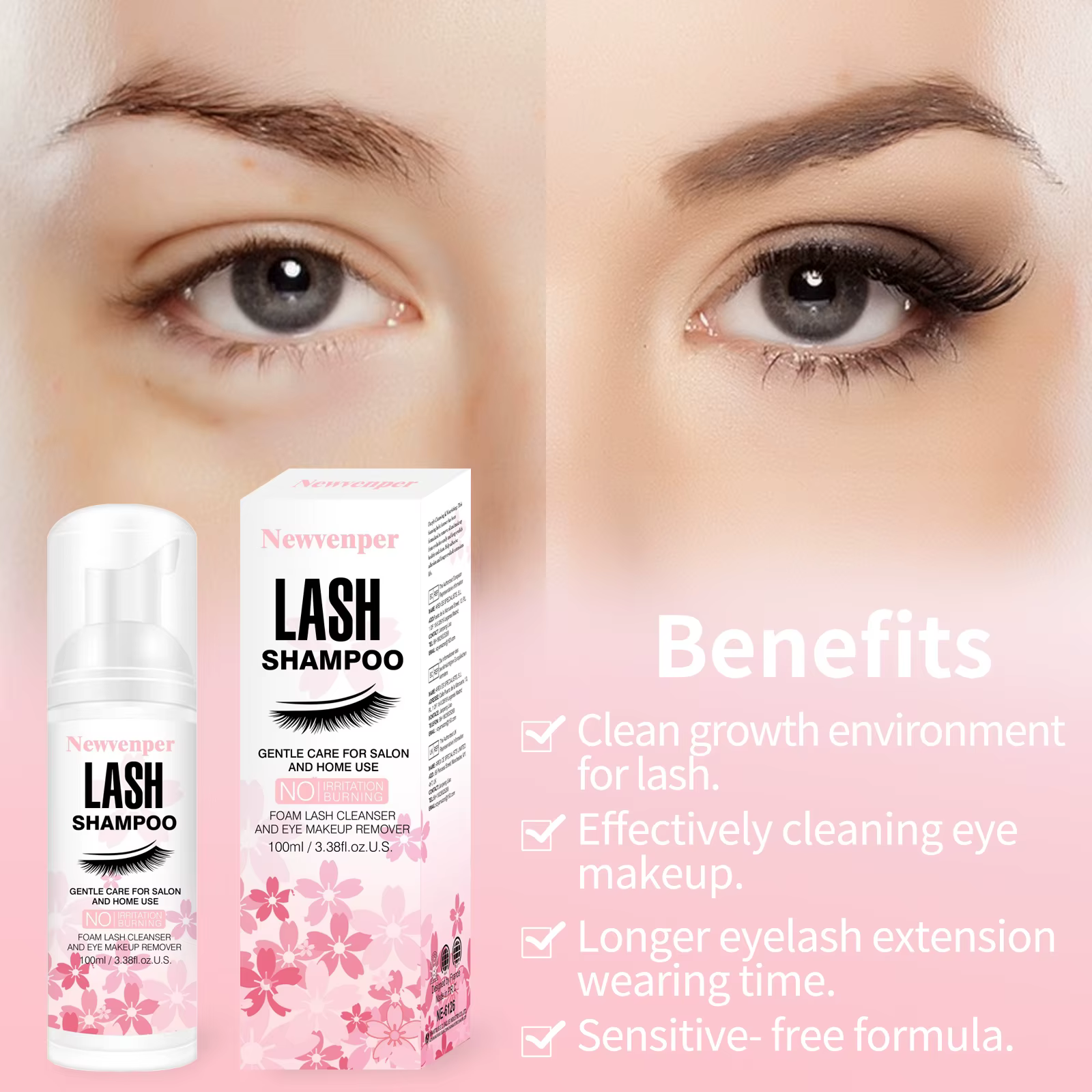 Shampoing pour cils 100ML + brosse et baguette de Mascara nettoyage moussant pour les paupières