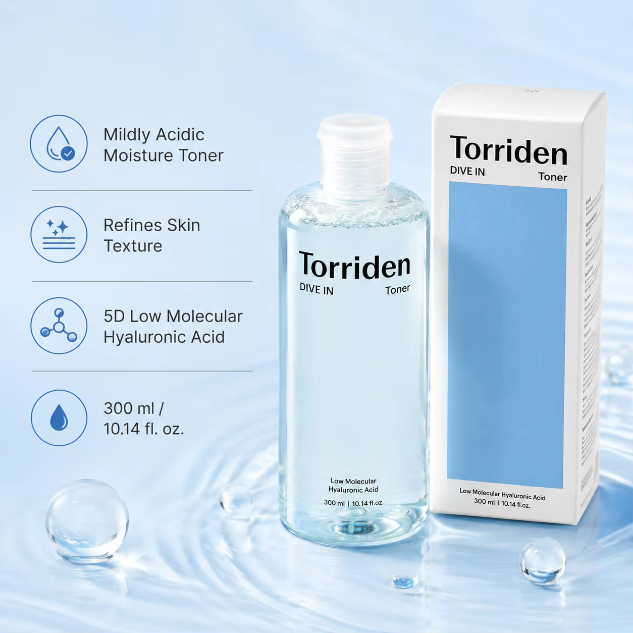 Torriden DIVE IN Tonique à l'acide hyaluronique à faible poids moléculaire 300 ml Eau hydratante et rafraîchissante pour le visage Hydratant Anti-dessèchement de la peau