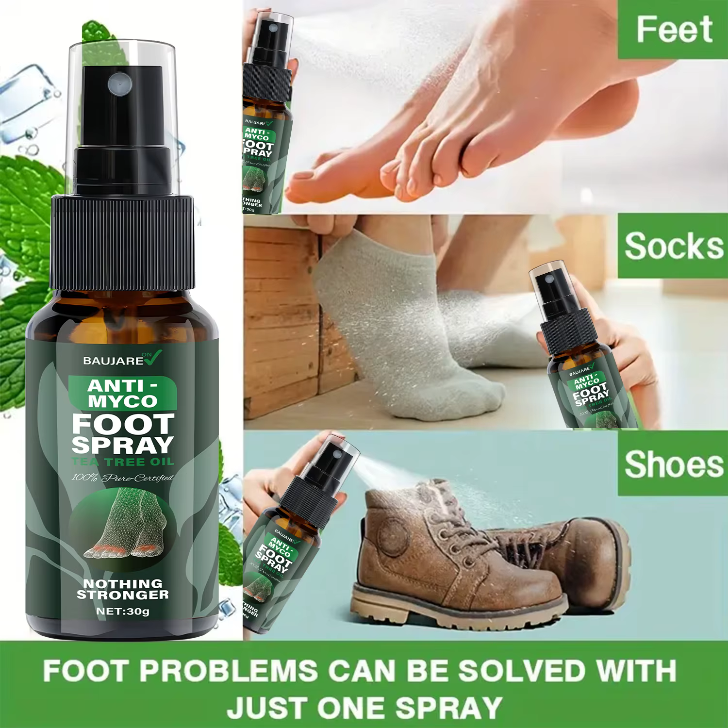 Spray pour les pieds anti-myco avec huile d'arbre à thé – Formule certifiée la plus forte à 100 % de flûte pour une