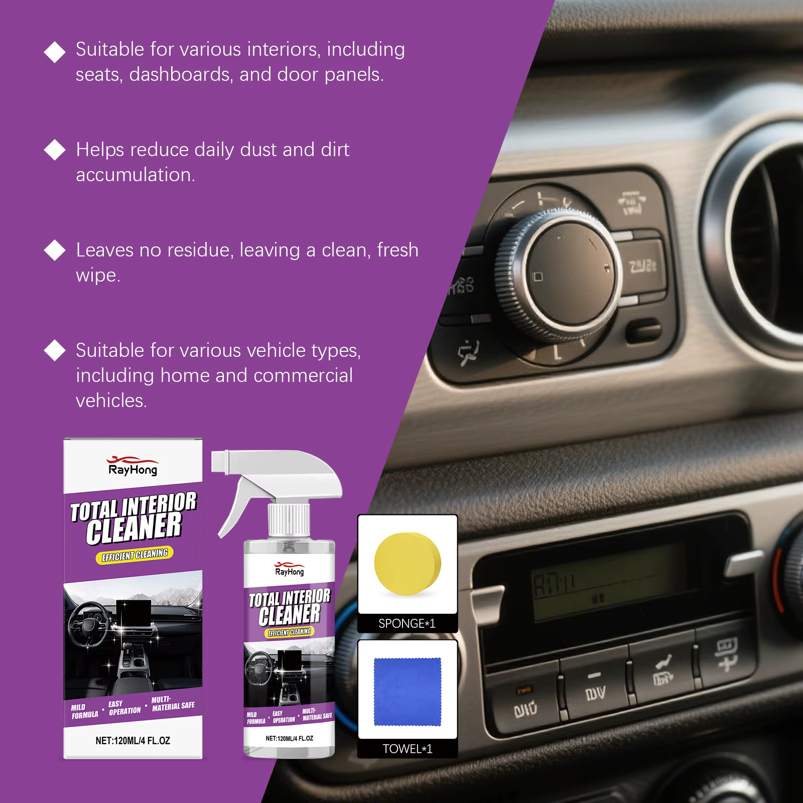 Nettoyant intérieur de voiture pour cuir, tissu et toit – Nettoyant pour ceintures de sécurité sans rinçage – Puissant détachant pour detailing automobile