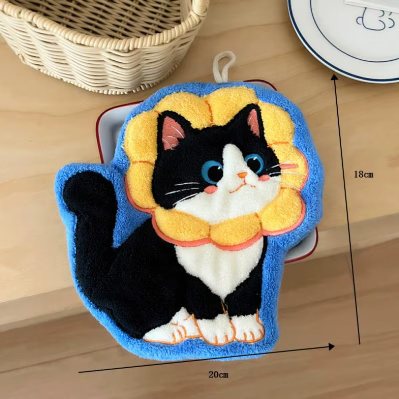 Serviette de toilette en velours corail motif chat kawaii pour la cuisine et la salle de bain, absorbante et pratique à suspendre