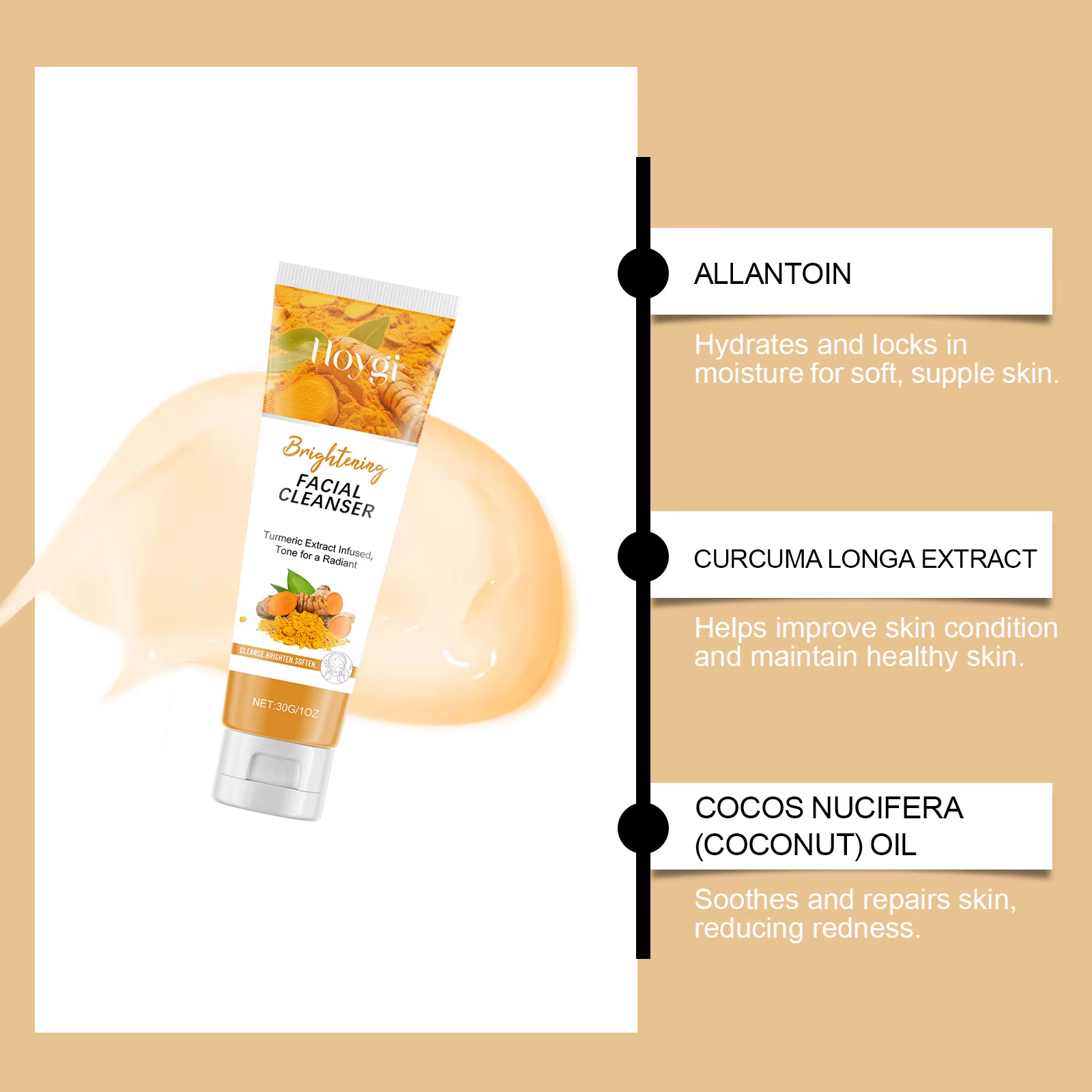 Nettoyant au Curcuma Hydratant Éclaircissant pour le Visage – Mousse Nettoyante Quotidienne pour la Peau – Soin Profond Anti-Points Noirs et Contrôle du Sébum