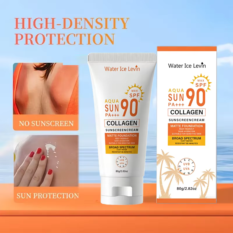 Crème solaire SPF 90+ PA+++ Large spectre. Résistant à l'eau 80 minutes. Protège contre les UVB et les UVA. Amical pour les récifs. Collagène. 80g.