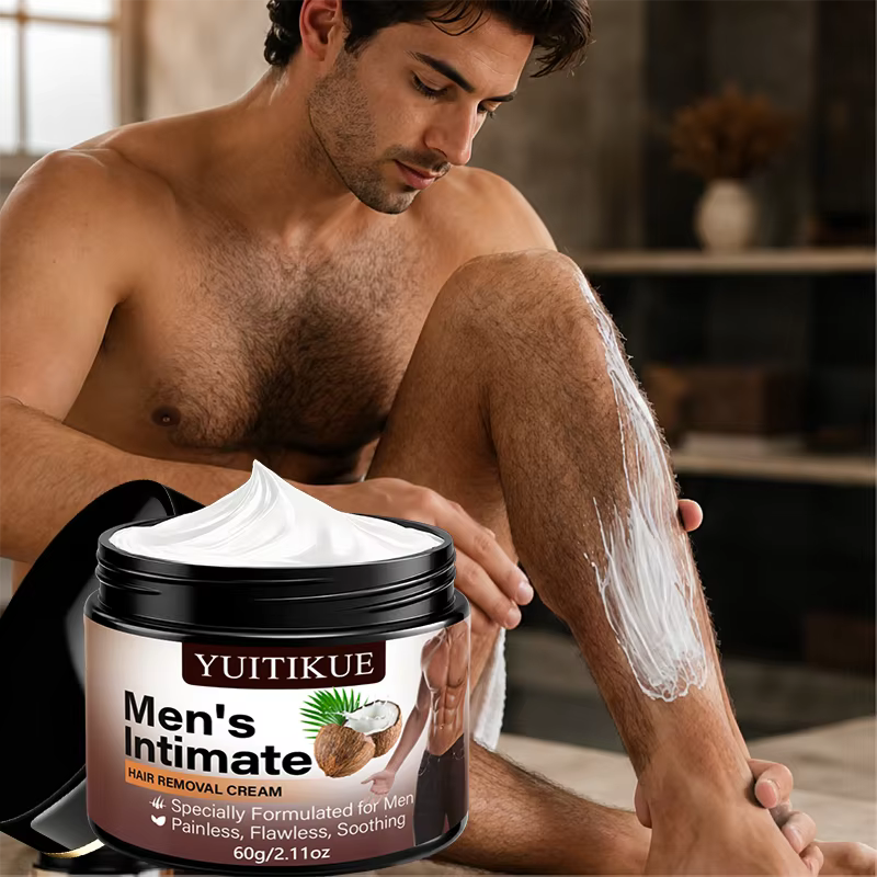 Crème dépilatoire intime pour hommes YUITIKUE 60g - Épilation indolore pour le corps et les zones intimes, extrait de noix de coco doux pour la peau
