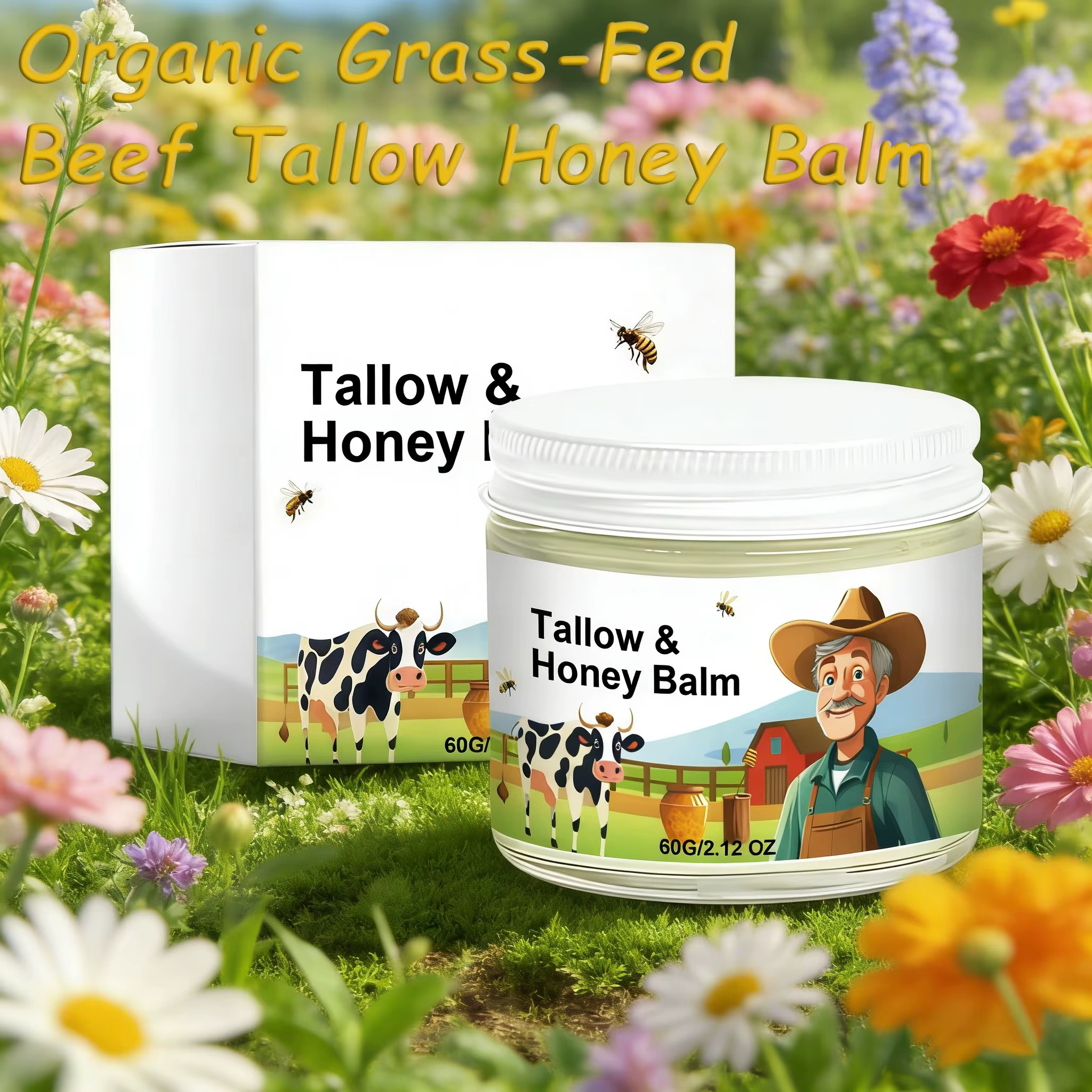 Baume au suif de bœuf biologique nourri à l'herbe avec miel cru - Crème hydratante pour une peau douce et lisse - Hydratant entièrement naturel fait à la main