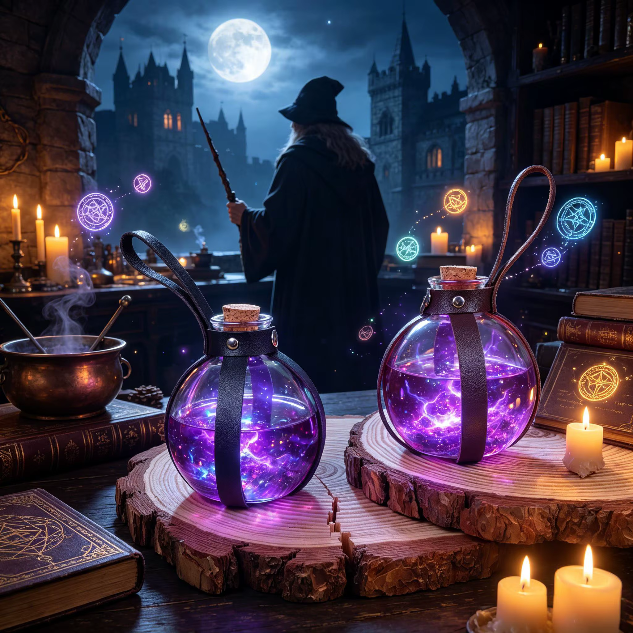 Bouteille en verre pour potion de magie noire Sorcière et Sorcier avec étui en cuir PU – Décoration de fête d'Halloween, Costume Ren Faire