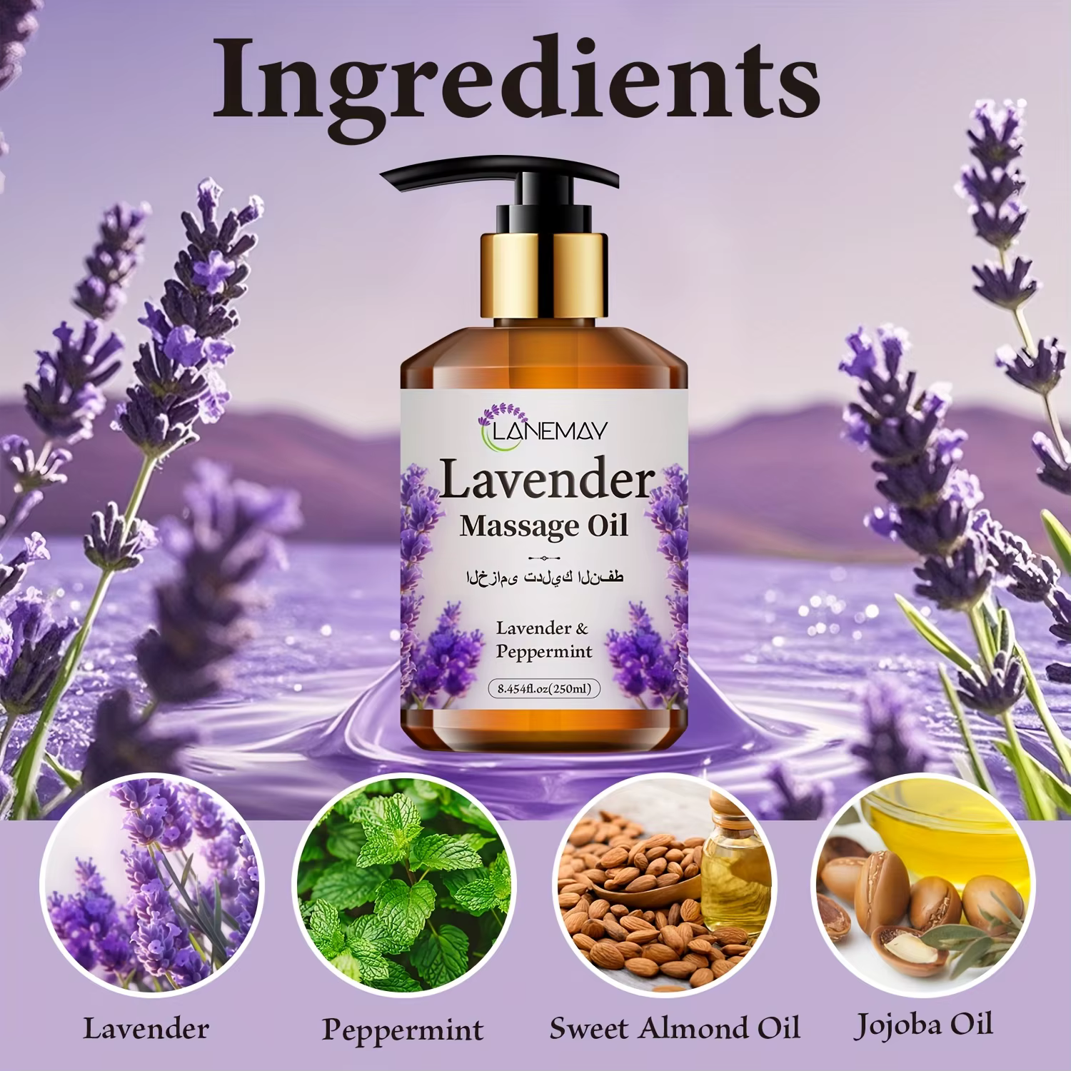 Huile de massage à la lavande et à la menthe poivrée, sans paraben, soin du corps hydratant et adoucissant pour tous les types de peau, teint apaisant