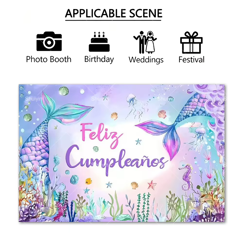 Toile de fond sur le thème des sirènes, fond photographique sous la mer, décoration de fête d'anniversaire pour filles, fournitures de décoration pour fête de princesse, bannière pour baby shower
