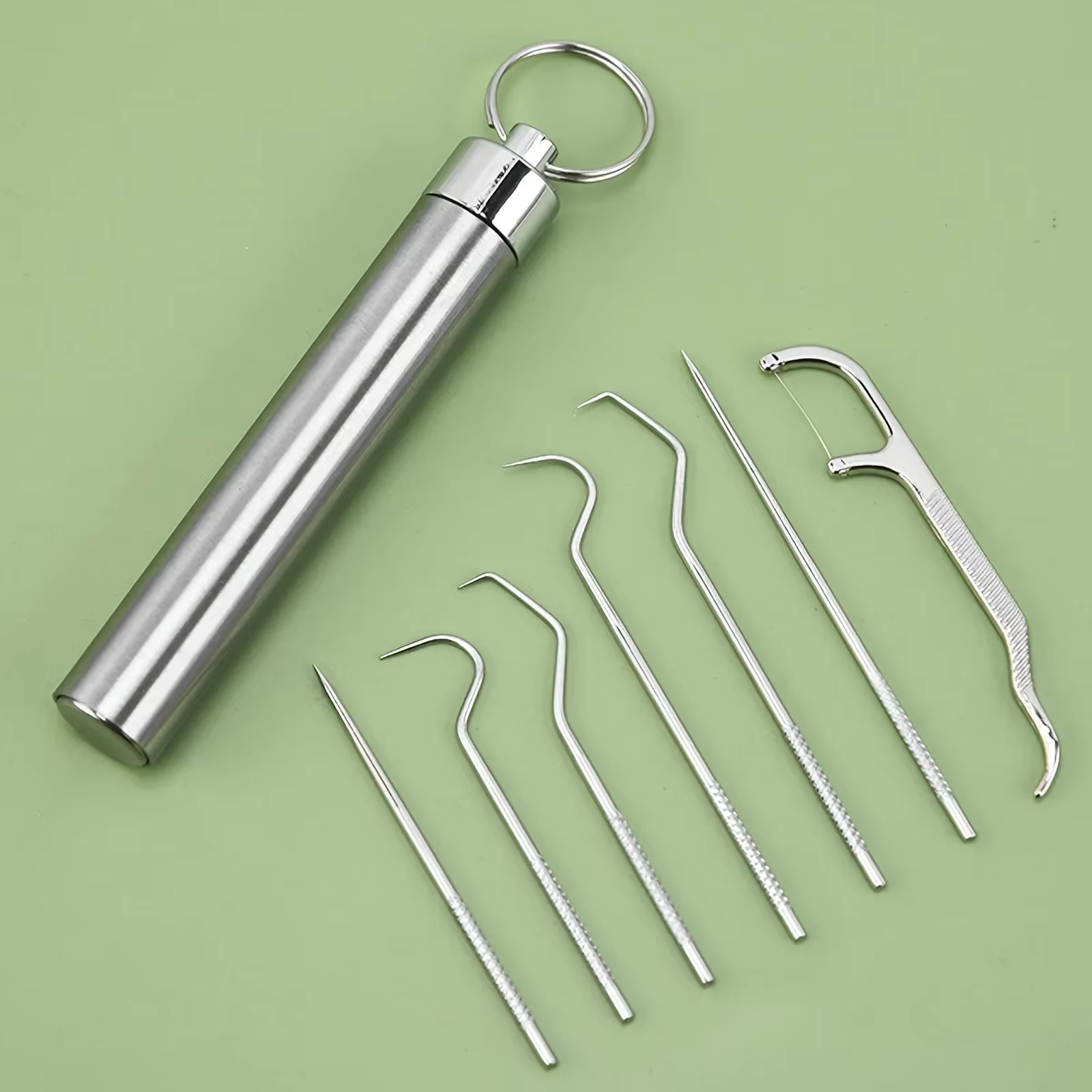 Ensemble de cure-dents réutilisables en acier inoxydable, fil dentaire, outil d'élimination du tartre, nettoyeur de dents Portable pour le nettoyage buccal des dents
