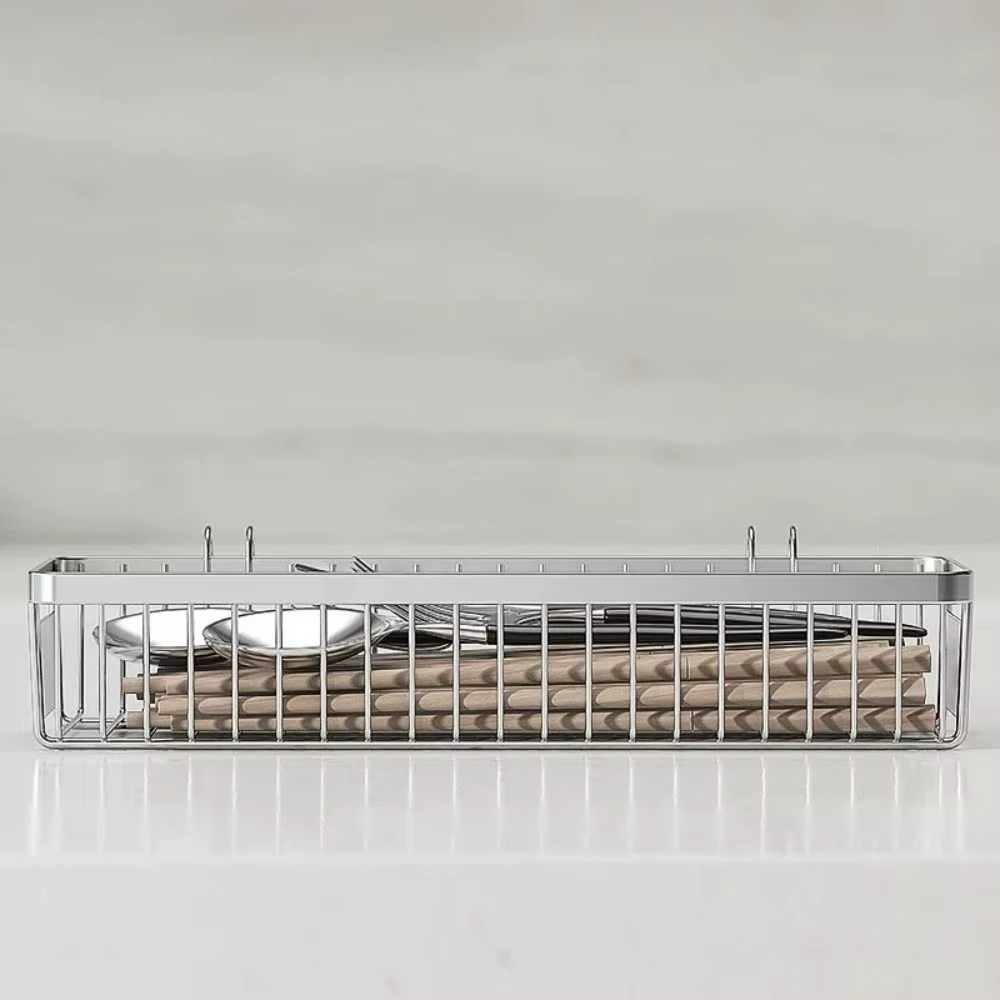 Porte-couverts suspendu en acier inoxydable, argent avec crochet, égouttoir à couverts, grande capacité, facile à nettoyer, porte-couverts pour lave-vaisselle