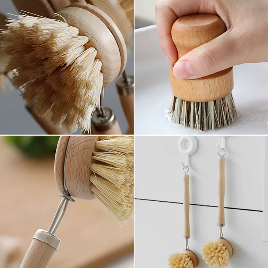 Brosse de nettoyage de cuisine en bambou, vaisselle naturelle, casseroles, poêles, évier, brosse de lavage, épurateur propre écologique avec plateau de rangement égouttoir