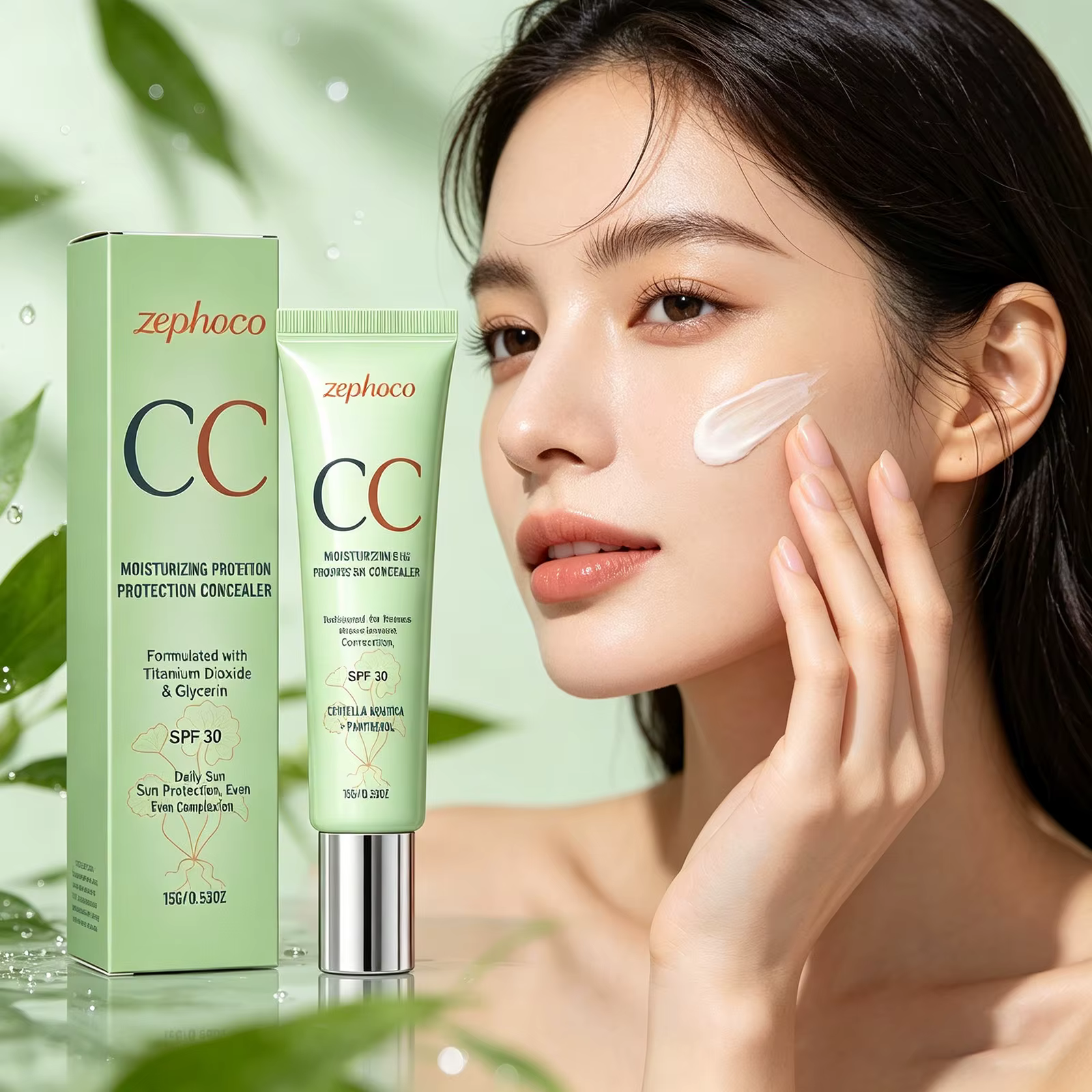Crème Correctrice de Couleur Zephoco SPF 30 Protection Solaire Anti-UV Couvrance Rougeurs et Imperfections Imperméable Centella CC Cream Fond de Teint 15g