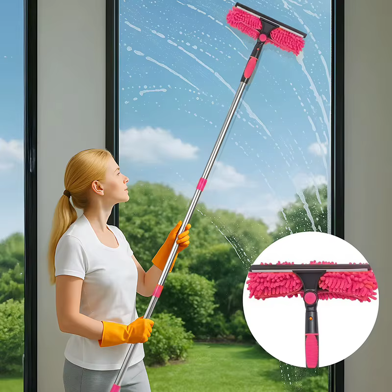 Kit de nettoyage de vitres 2-en-1 pour hauteur : raclette réutilisable et perche télescopique pour le nettoyage des vitres, bord en acier inoxydable