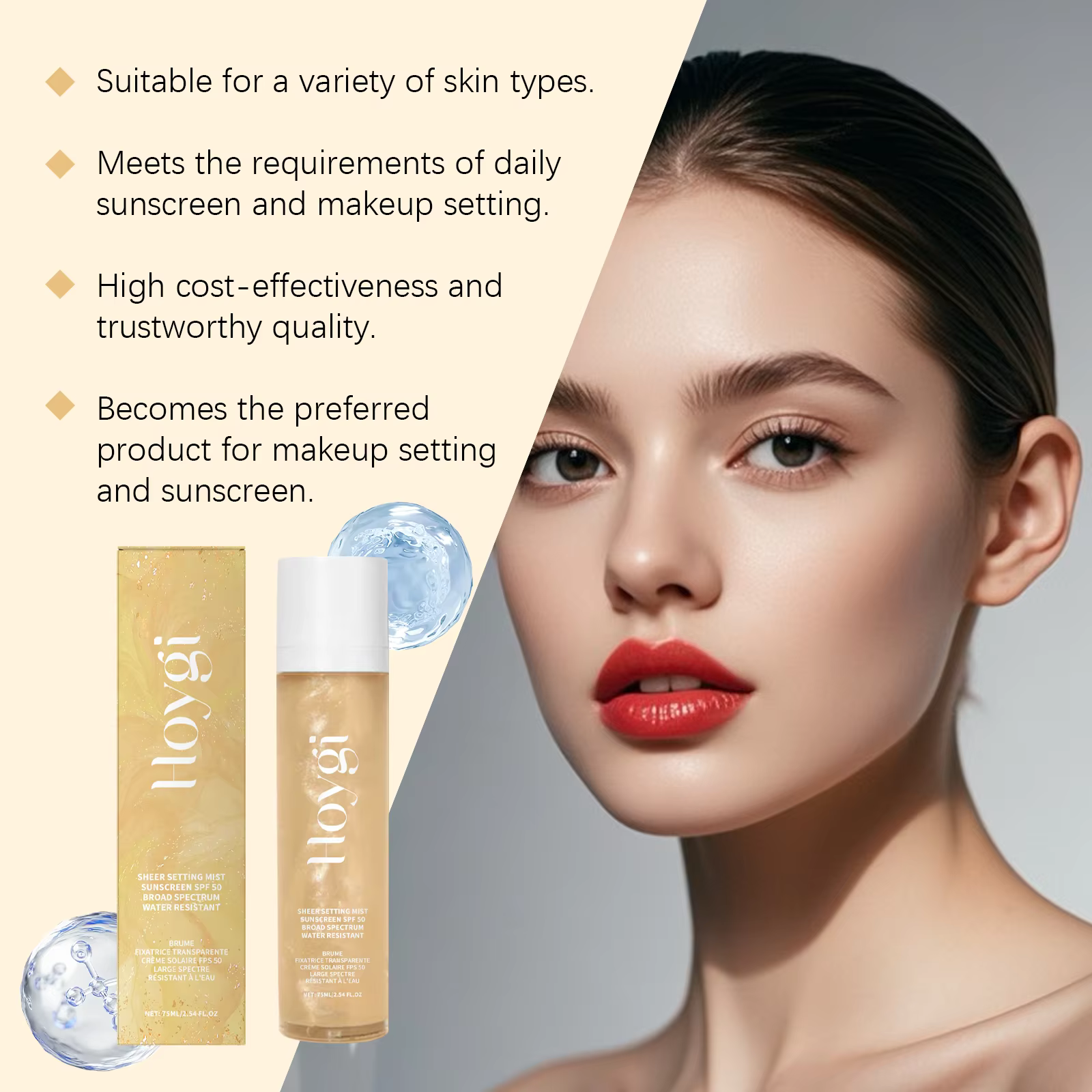 Spray de réglage de maquillage Spf 50 +