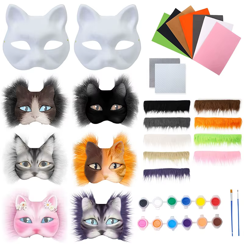 Nouveau kit de masque demi-visage DIY fait main pour graffiti, masque therian vierge, masque animal (chat, renard) à dessiner à la main, cadeaux de fête (3 pièces)