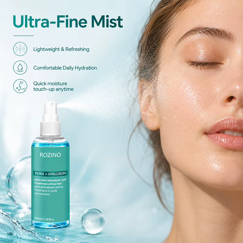 Nouvelle formule hydratante de luxe coréenne de Rozino, spray hydratant pour le visage à l'acide hyaluronique et au PDRN, contient un complexe luxueux d'essence réparatrice au PDRN et de multiples ing