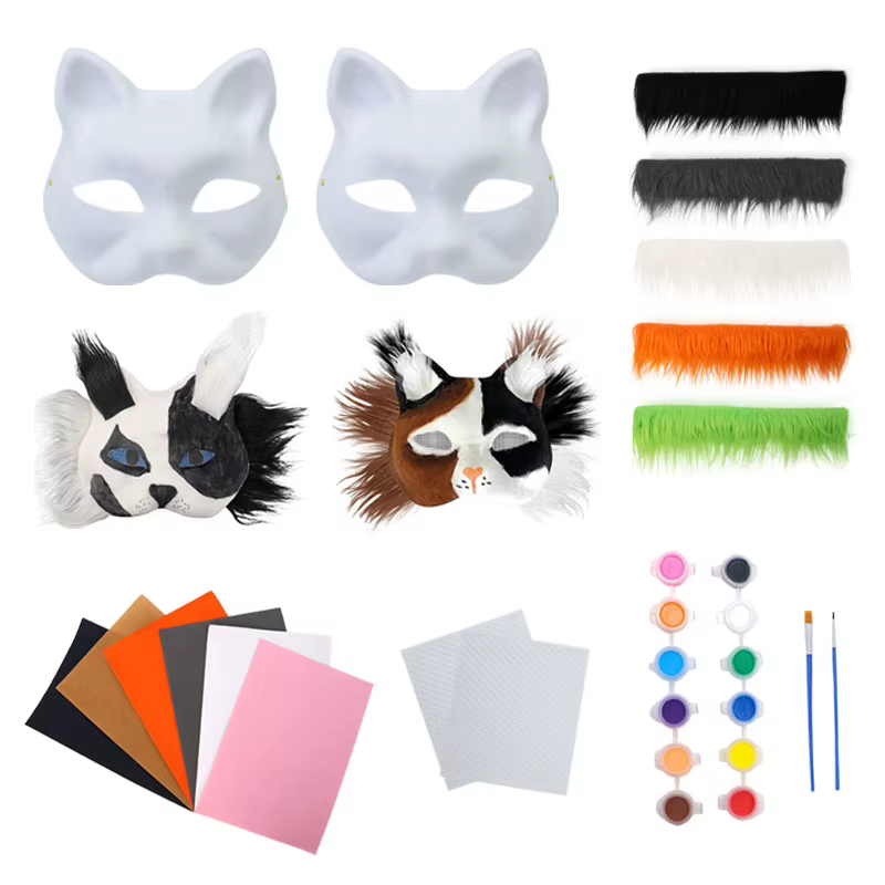 Nouveau kit de masque demi-visage DIY fait main pour graffiti, masque therian vierge, masque animal (chat, renard) à dessiner à la main, cadeaux de fête (3 pièces)