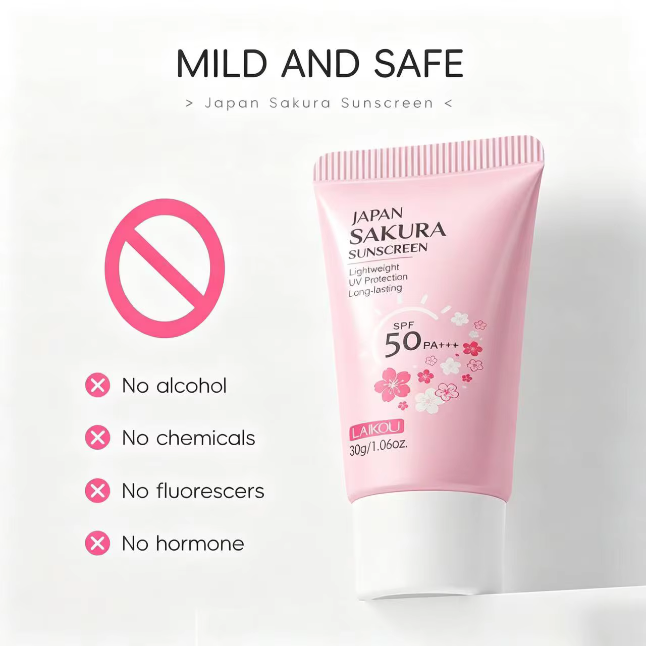 Crème solaire LAIKOU Sakura SPF50+ Protection UV Visage et Corps Rafraîchissante Imperméable Hydratante Correctrice 30g ﻿