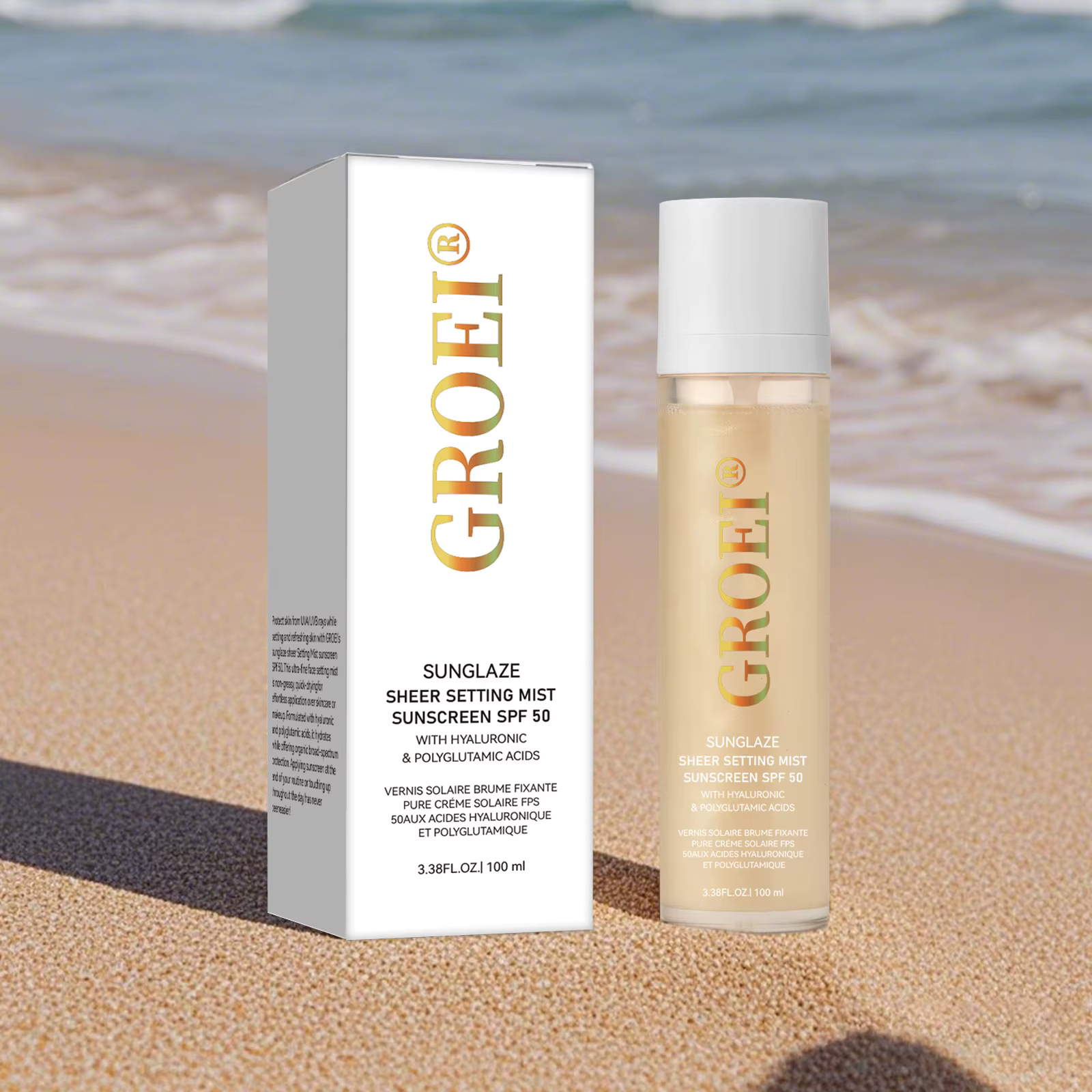 Spray fixateur de protection solaire SPF 50, 100ml, brume transparente, soins pour la peau du visage, léger et Non gras