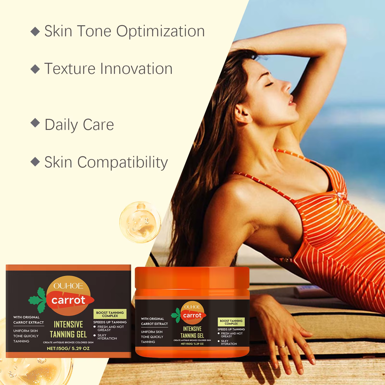 Gel Bronzant Carotte Effet Intense – Crème Corporelle Auto-Bronzante à Action Rapide Hydratante pour une Peau Naturellement Bronzée