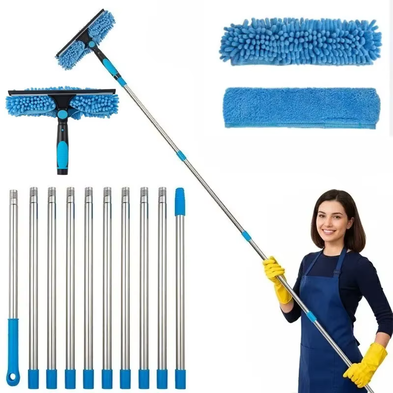 Kit de nettoyage de vitres 2-en-1 pour hauteur : raclette réutilisable et perche télescopique pour le nettoyage des vitres, bord en acier inoxydable