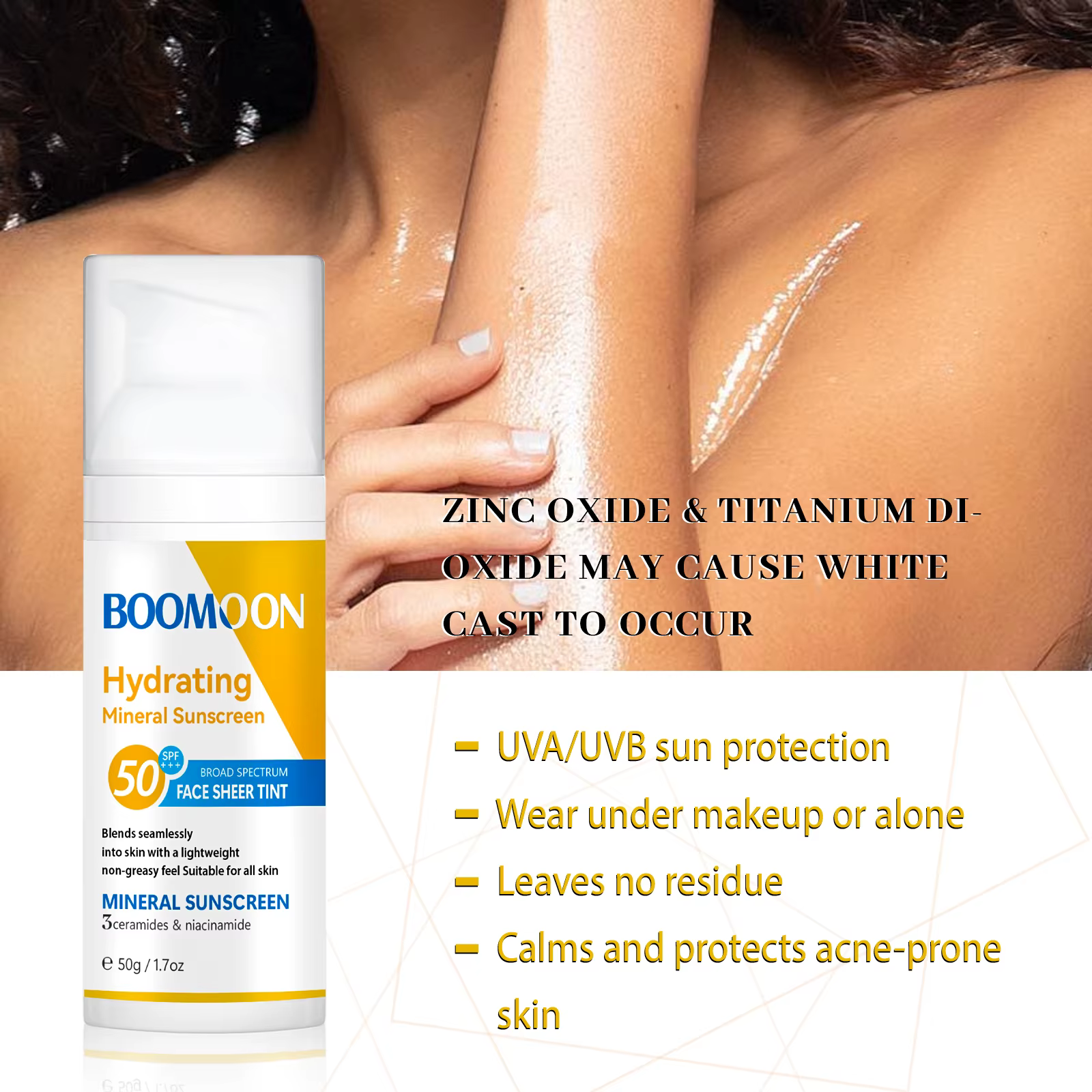 BOOMOON Crème solaire minérale hydratante SPF50 PA +++ Ample spectre Léger Non gras 50g pour visage et corps