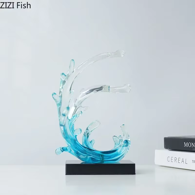 Statue de Vagues de la Mer Bleue, Ornements de Décoration de Bureau, Sculpture Créative Transparente, Artisanat en Résine, Décor Esthétique de Salle