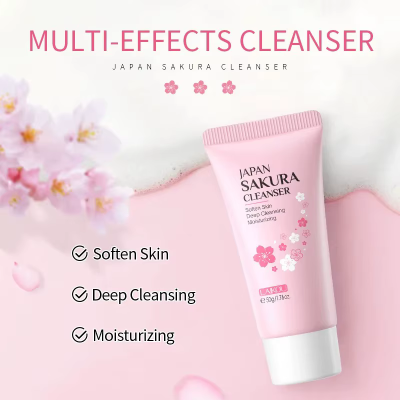 Laikou Sakura Nettoyant Visage Nettoyage en Profondeur des Pores Contrôle du Sébum Hydratant Éclaircissant Doux pour Tous Types de Peau 50g