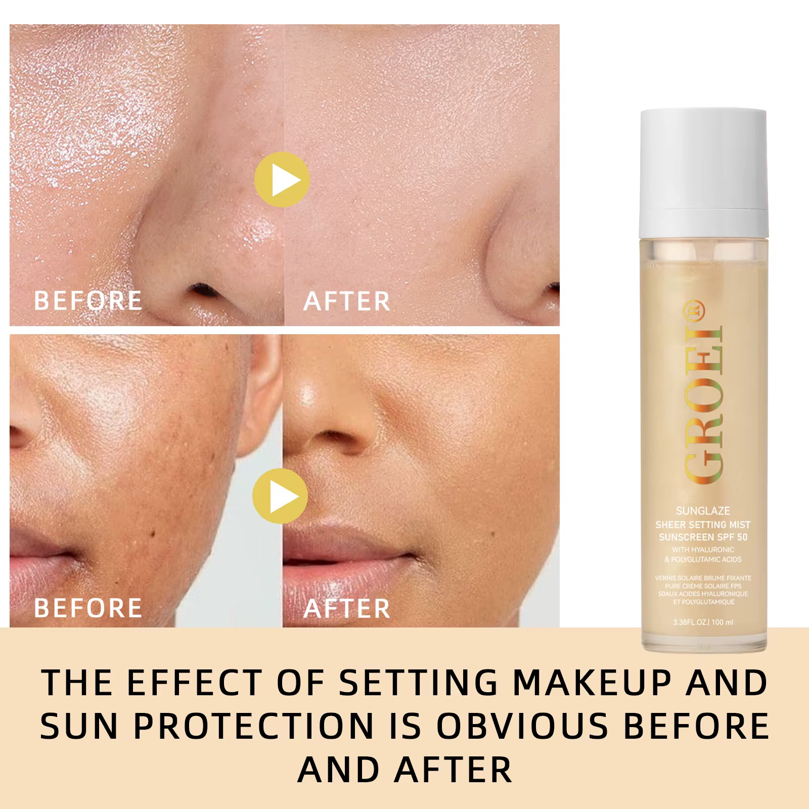 Spray fixateur de protection solaire SPF 50, 100ml, brume transparente, soins pour la peau du visage, léger et Non gras