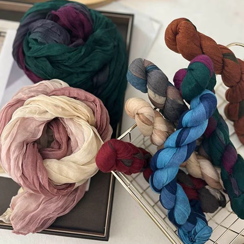 Foulard en lin de coton rétro automne hiver plissé soie longs châles musulman froissé Hijab foulard dégradé couleur froissé foulards