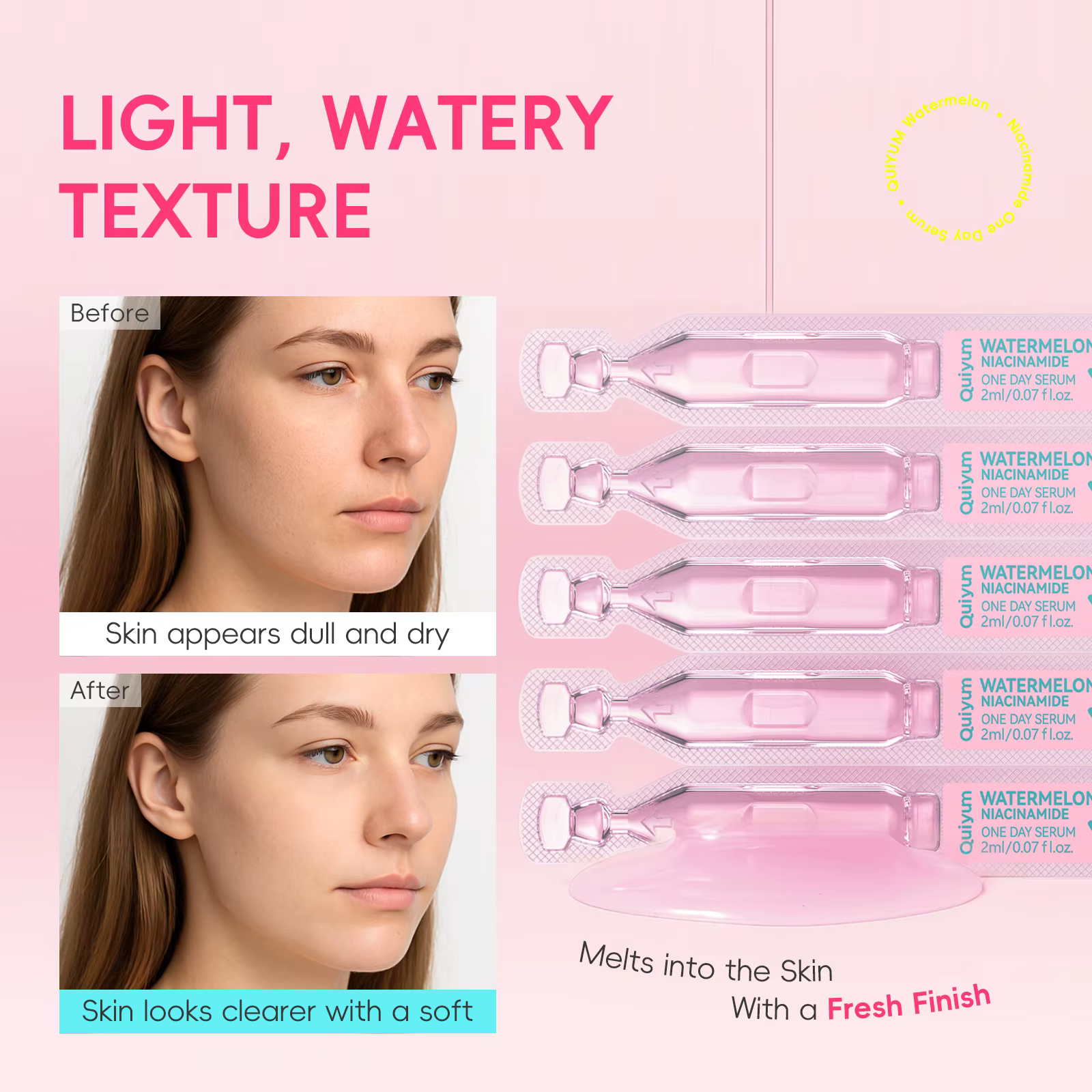 Sérum Quiyum à la pastèque et à la niacinamide, hydratation intense, éclat verreux, 2ml*10pcs, avec 4 types d'acide hyaluronique