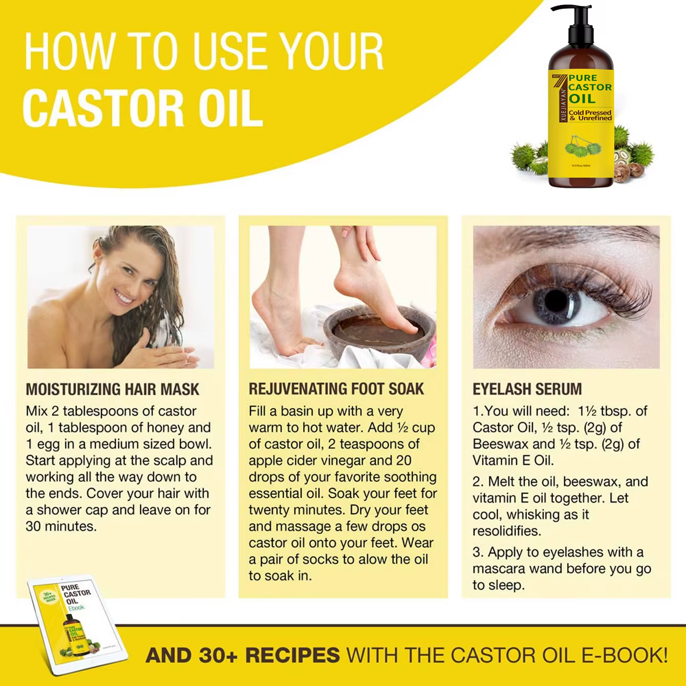 Huile de ricin 100 % pure pour la croissance des cils et des sourcils