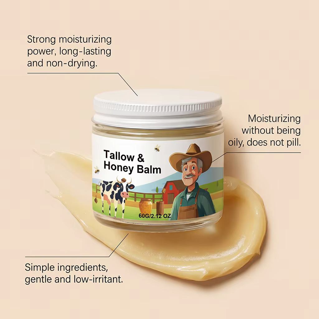 Baume au suif de bœuf biologique nourri à l'herbe avec miel cru - Crème hydratante pour une peau douce et lisse - Hydratant entièrement naturel fait à la main