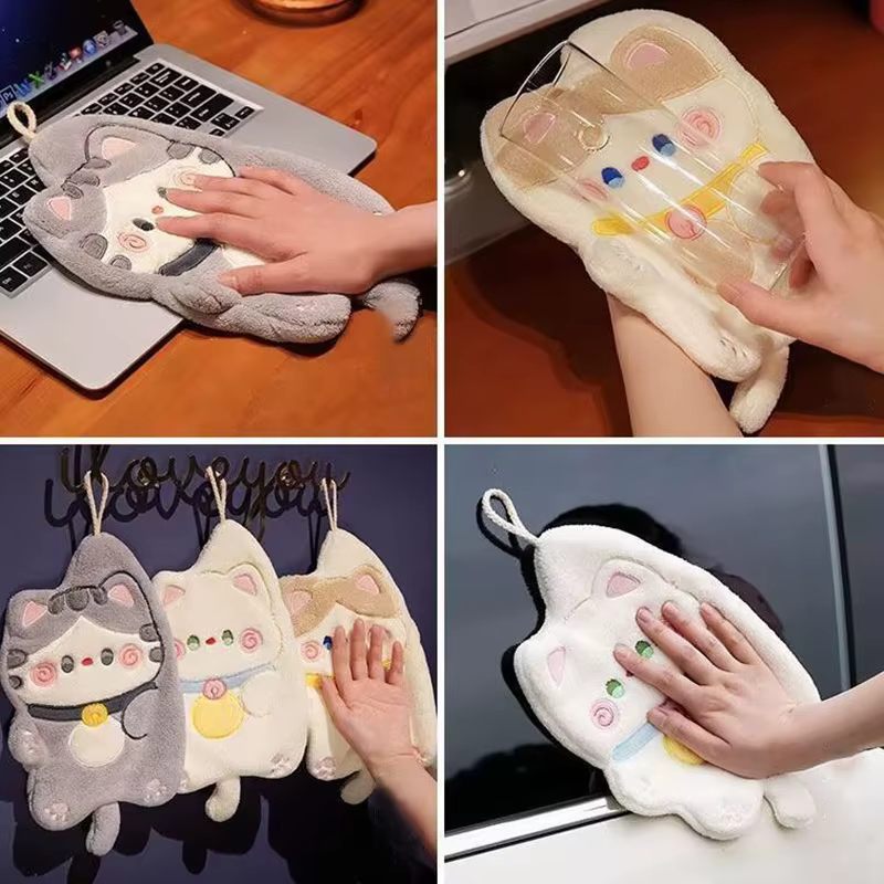 Serviette à main en forme de chat de dessin animé, chiffon de nettoyage Kawaii pour cuisine et salle de bain, serviette suspendue super absorbante, chiffon de nettoyage