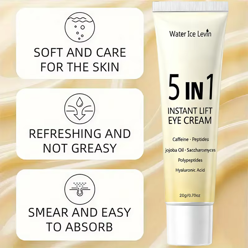 Crème pour les yeux à effet liftant instantané 5 en 1. Résultats en 2 minutes. Lisse les poches sous les yeux, raffermit, hydrate en profondeur. Peptides de caféine, acide hyaluronique. 20g.