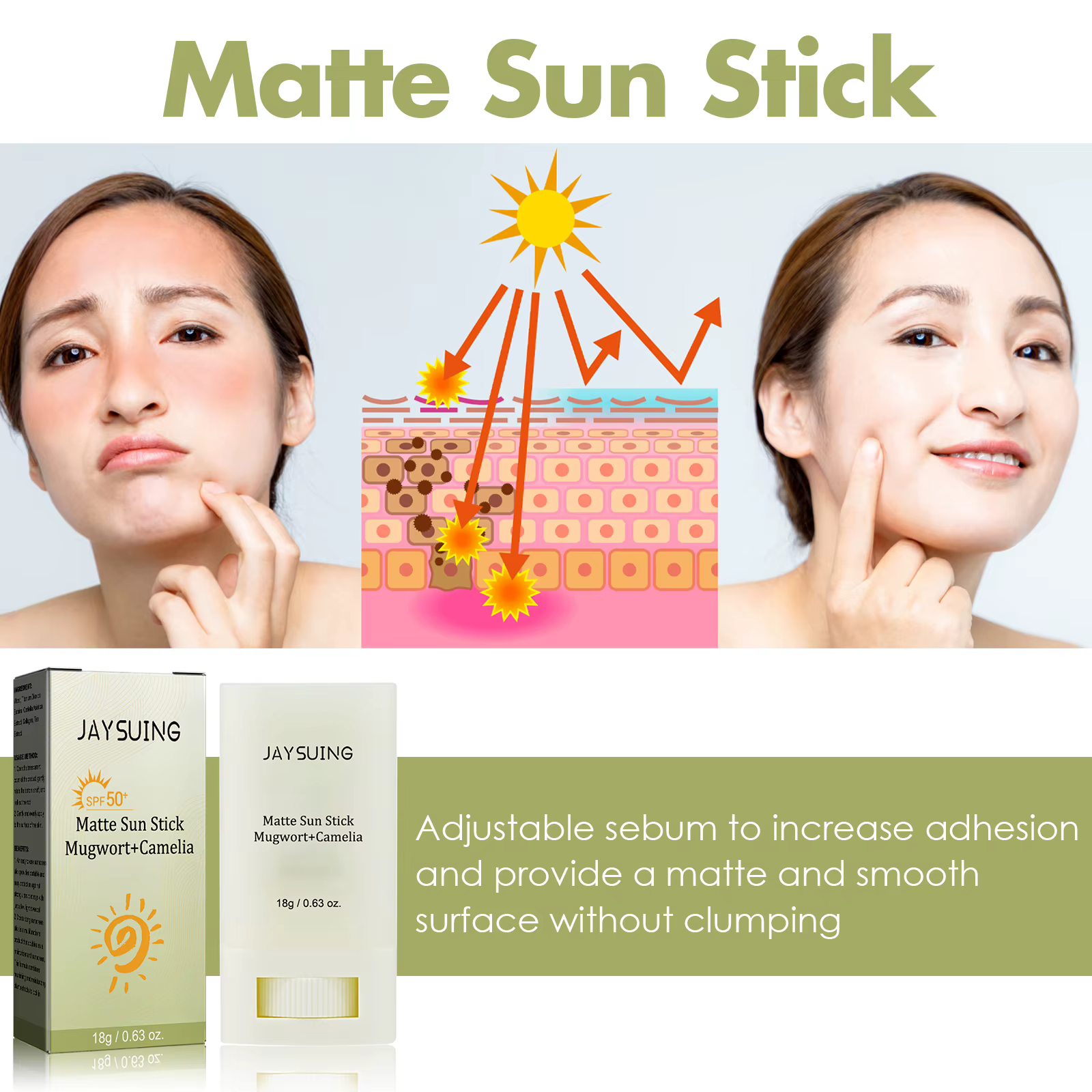 Bâton solaire mat Protection UV et crème hydratante éclaircissante pour le visage Non grasse SPF 50 +