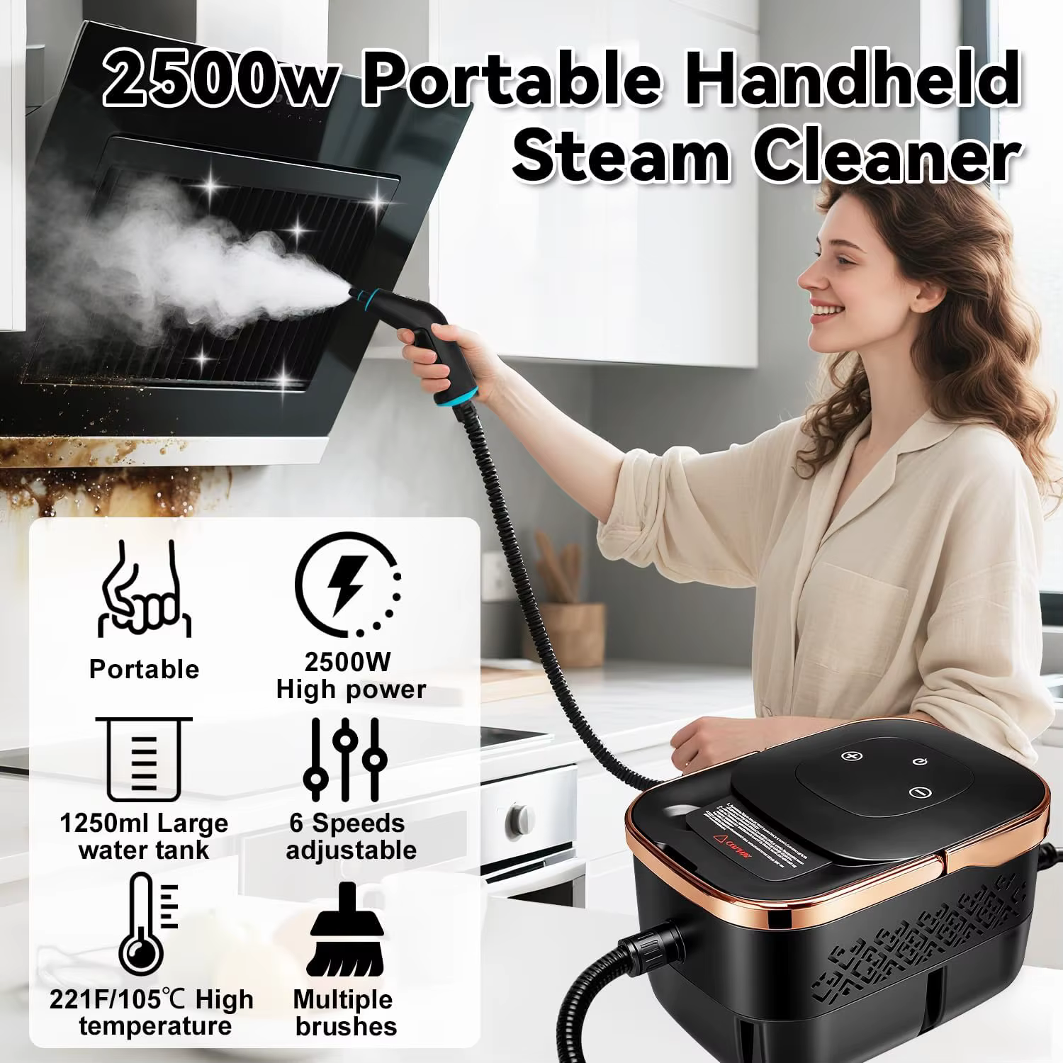 Nettoyeurs vapeur portatifs haute température 2500W pour climatiseurs, hottes de cuisine, voitures, sols et plus encore