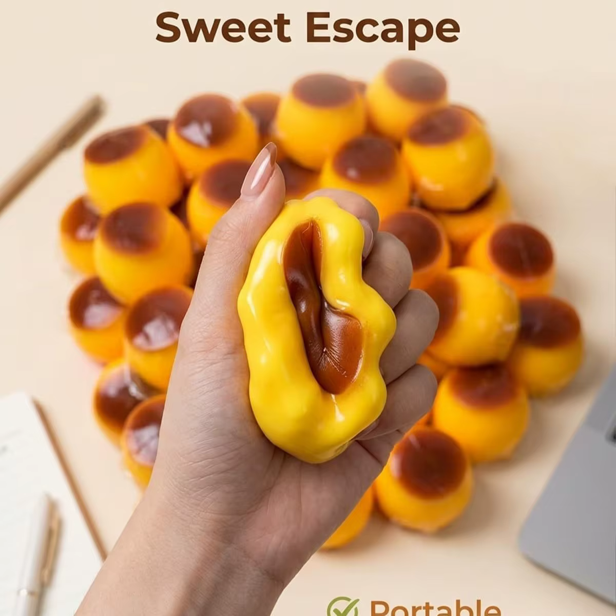 Ornement anti-stress ASMR en forme de pudding au caramel, fait main, sonore et croustillant, pour loisirs intérieurs et ambiance festive