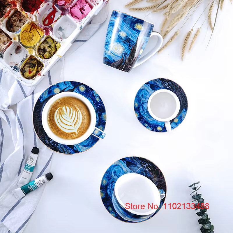 Van Gogh-Ensemble de tasses à café et d'assiettes en céramique de luxe, tasse à thé de dégustation de cappuccino, verre ESPRESbucDemitasse, peinture à l'huile