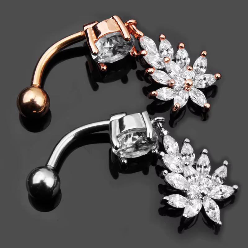 1PC Piercing de nombril long pour femme, motif fleur cœur, bijoux de corps sexy en acier inoxydable, anneaux de nombril courbés