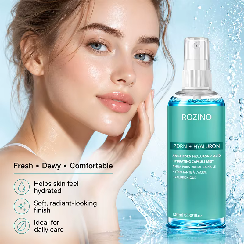 Nouvelle formule hydratante de luxe coréenne de Rozino, spray hydratant pour le visage à l'acide hyaluronique et au PDRN, contient un complexe luxueux d'essence réparatrice au PDRN et de multiples ing