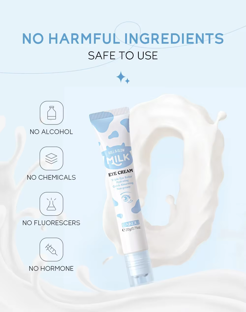Crème Contour des Yeux LAIKOU au Lait Hydratante Éclaircissante Anti-Cernes Anti-Poches Atténue les Ridules Massage