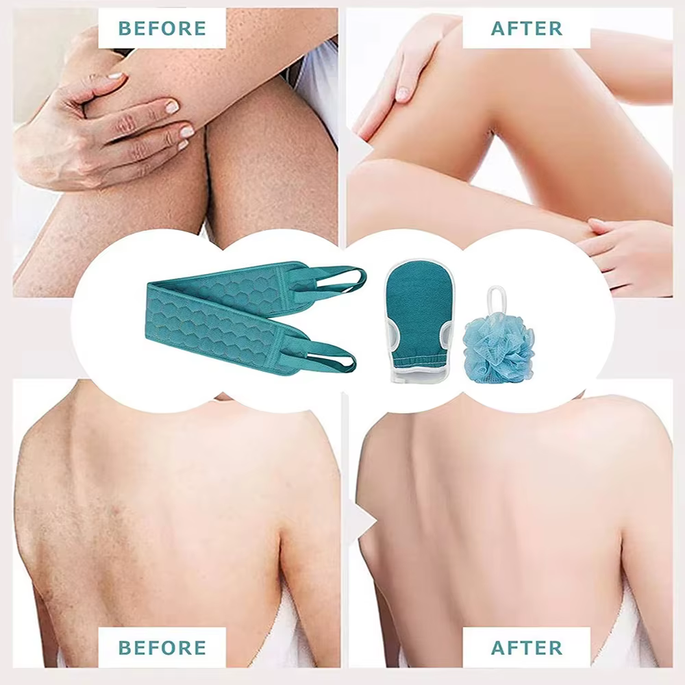 Ensemble de gommages exfoliants pour le corps avec gant de bain pour le dos et éponge loofah pour un nettoyage en profondeur et une hygiène optimale