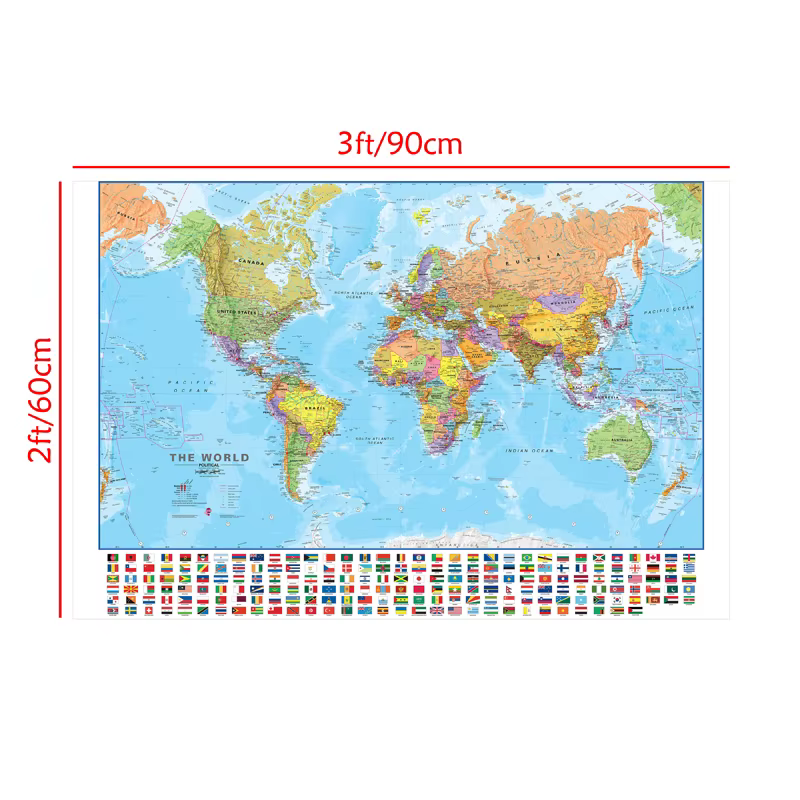 Carte du monde en anglais 90x60cm, carte éducative, affiches et imprimés de peinture sur toile, décoration murale pour fournitures scolaires et de bureau