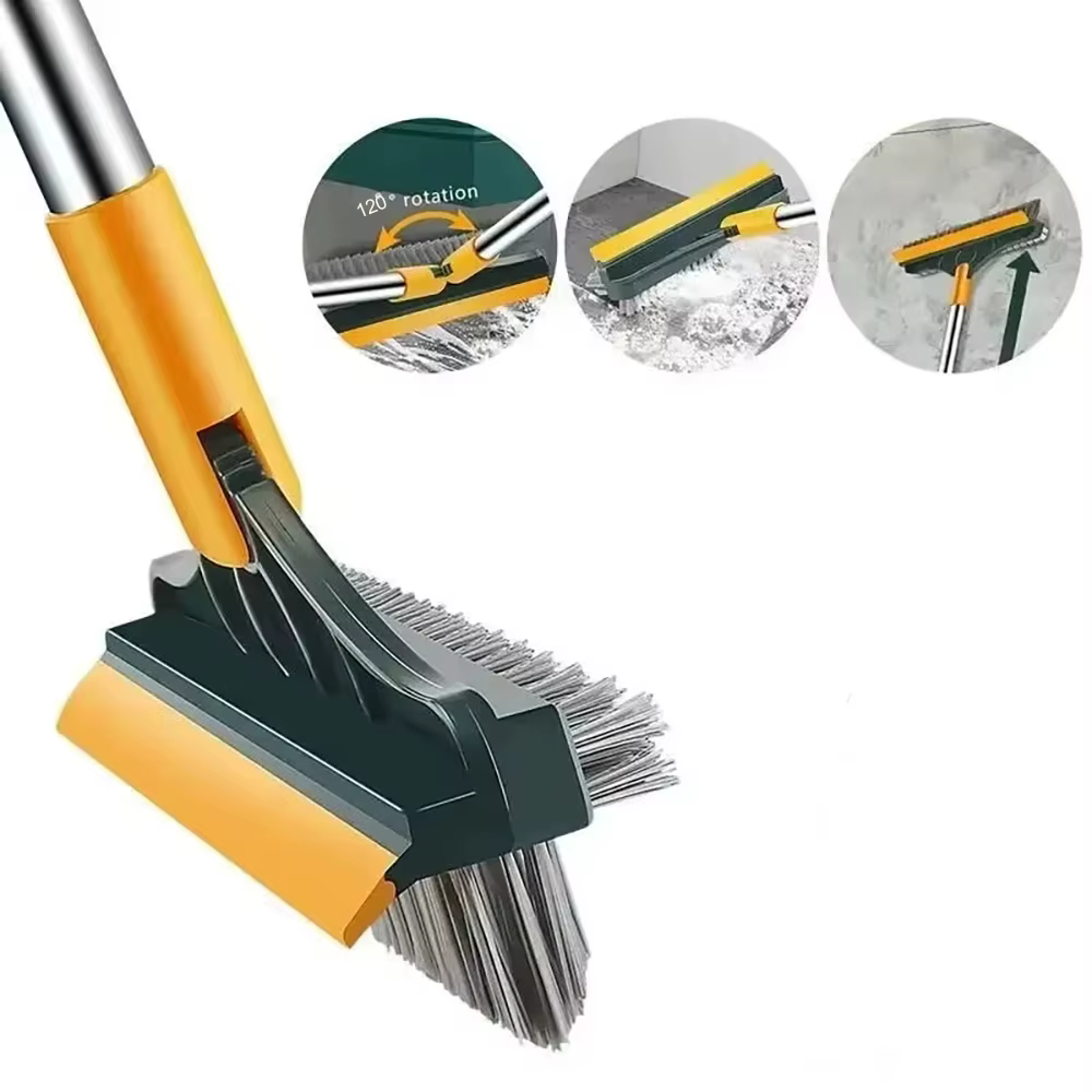 Brosse de nettoyage 2-en-1 pour sol de salle de bain, brosse à long manche avec raclette amovible, balai magique, outil de nettoyage pour carrelage et cuisine