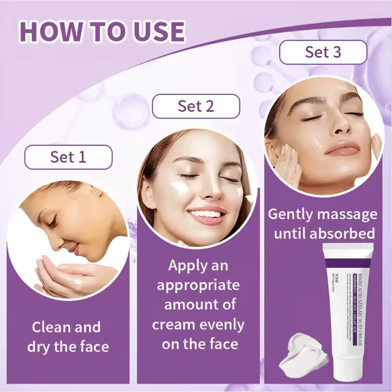 Crème pour le visage à 15 % d'acide azélaïque, essence hydratante en profondeur, absorption rapide, douce et respectueuse de la peau. Les ingrédients incluent de l'acide kojique, de la niacinamide, de