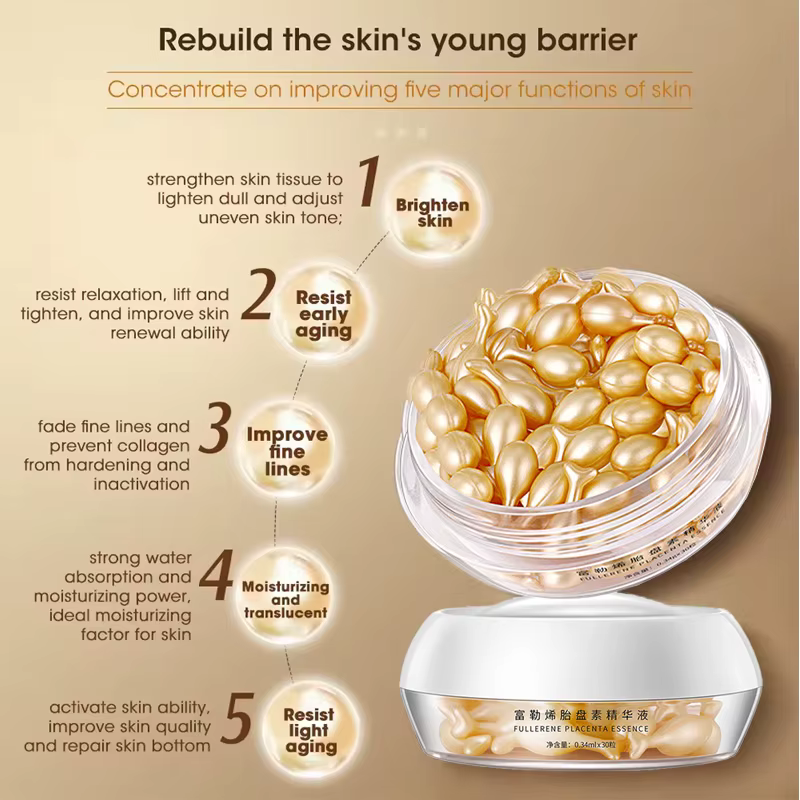 Fullerène Placenta Capsule Essence visage éclaircir sérum hydratant nourrissant Anti-rides vitamine E acide hyaluronique soins de la peau