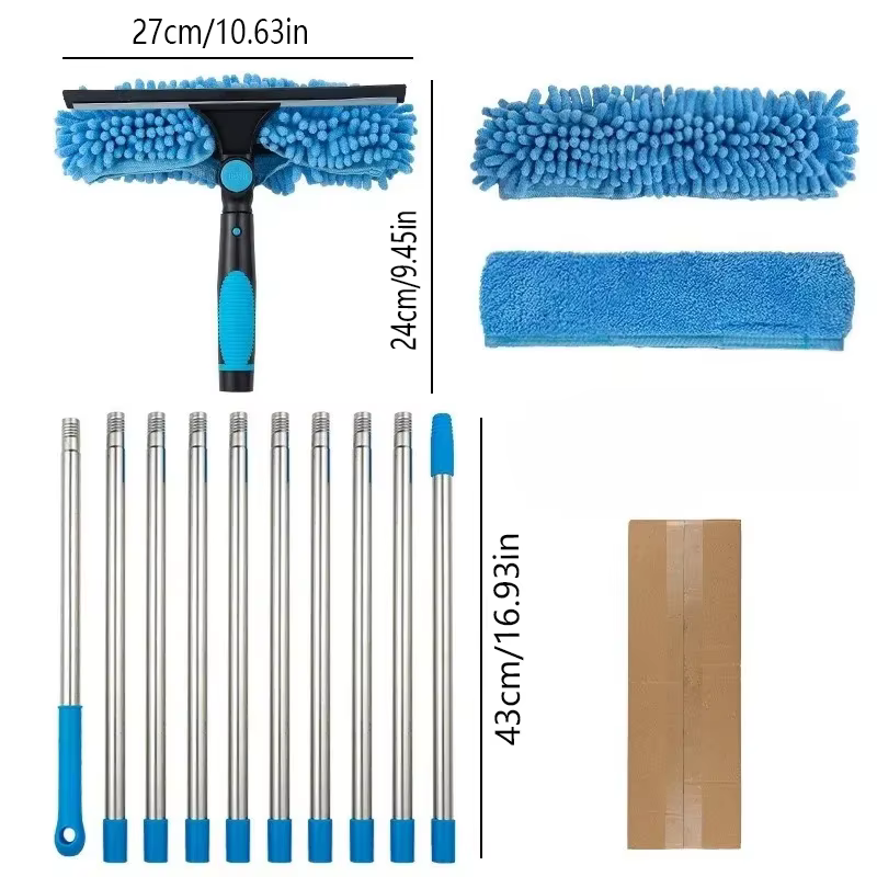 Kit de nettoyage de vitres 2-en-1 pour hauteur : raclette réutilisable et perche télescopique pour le nettoyage des vitres, bord en acier inoxydable